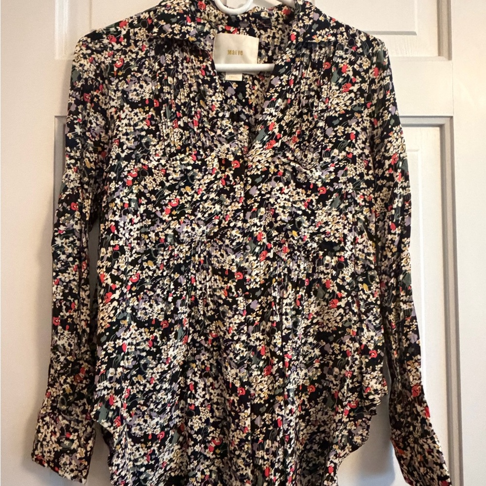 Maeve Black Floral Pintuck Long-Sleeve Blouse